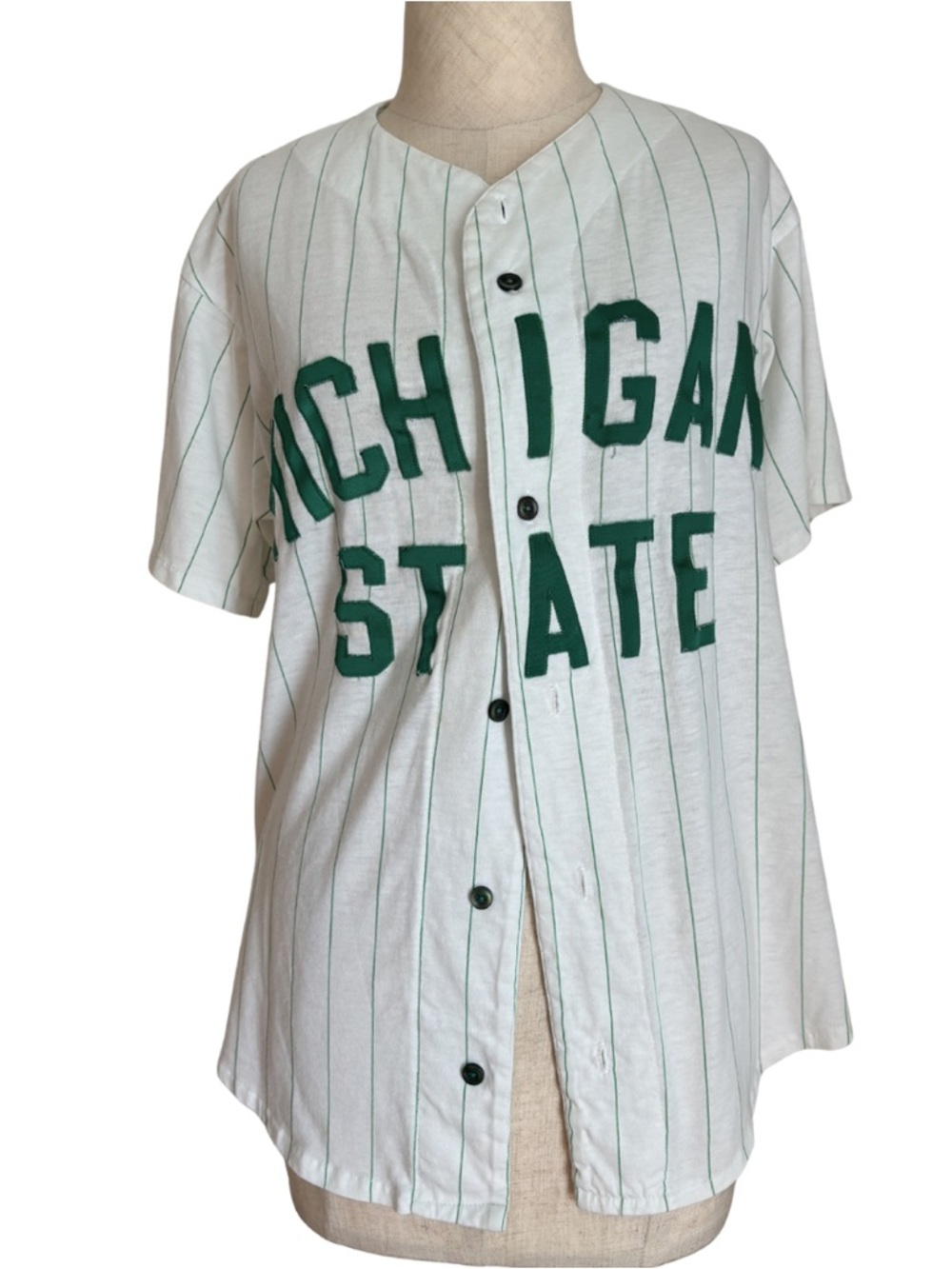 VTG 80s Single Stitch Pinstripe Baseball T Shirt USA White Green Michigan State